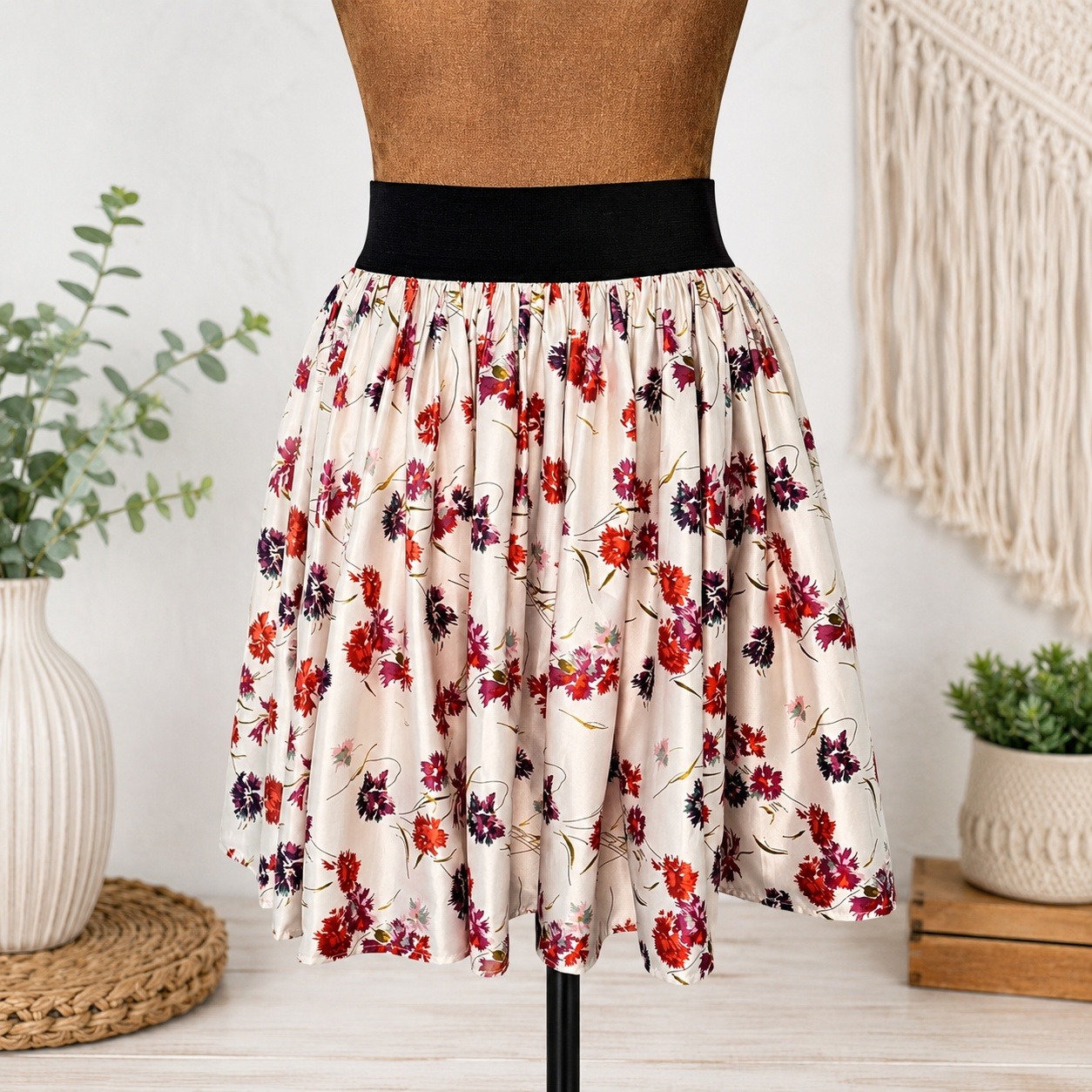 Fiorucci Floral Pleated Midi Skirt It 44 Ivory Satin Stretch Waist Nwt Pink Fun